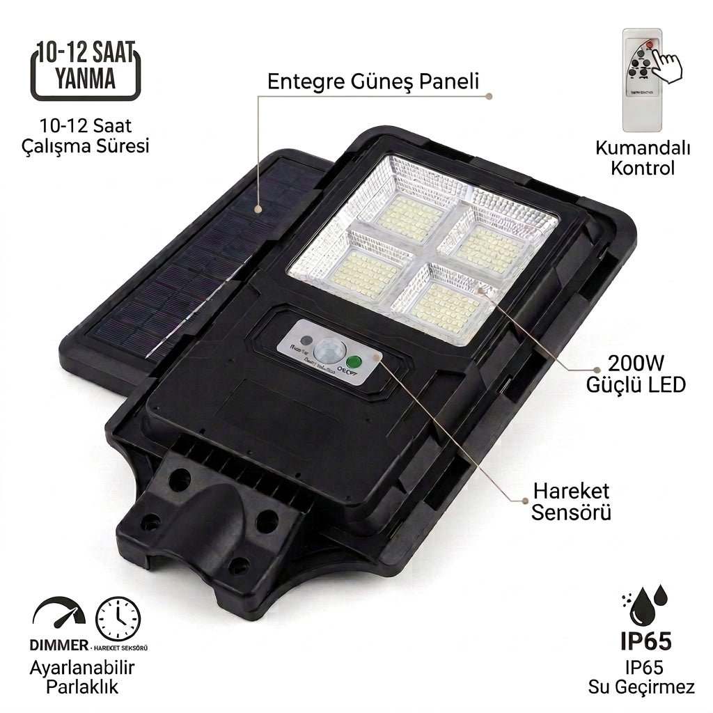 200 W Güneş Enerjili Hareket Sensörlü Projektör