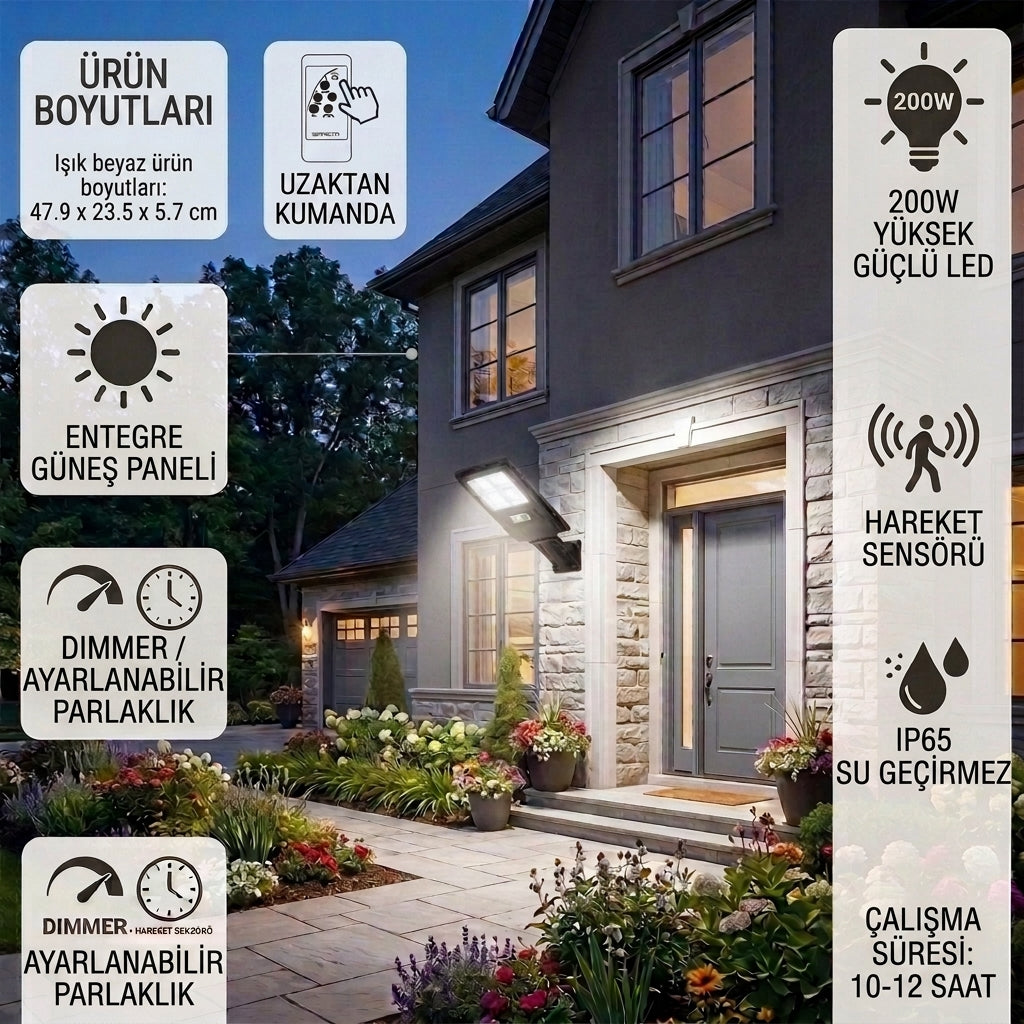 200 W Güneş Enerjili Hareket Sensörlü Projektör