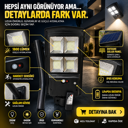 Güneş Enerjili Hareket Sensörlü Sokak Armatürü