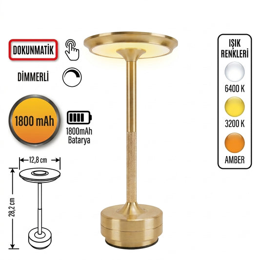 Şarjlı Masa Lambası - Dokunmatik, Parlaklık Ayarlı, 3 Renk Modu, Gold