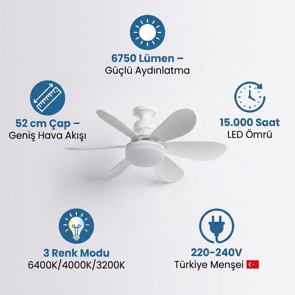 Sessiz 6 Kanatlı LED Işıklı Tavan Vantilatörü – Uzaktan Kumandalı, 3 Renk Modlu, Parlaklık Ayarlı