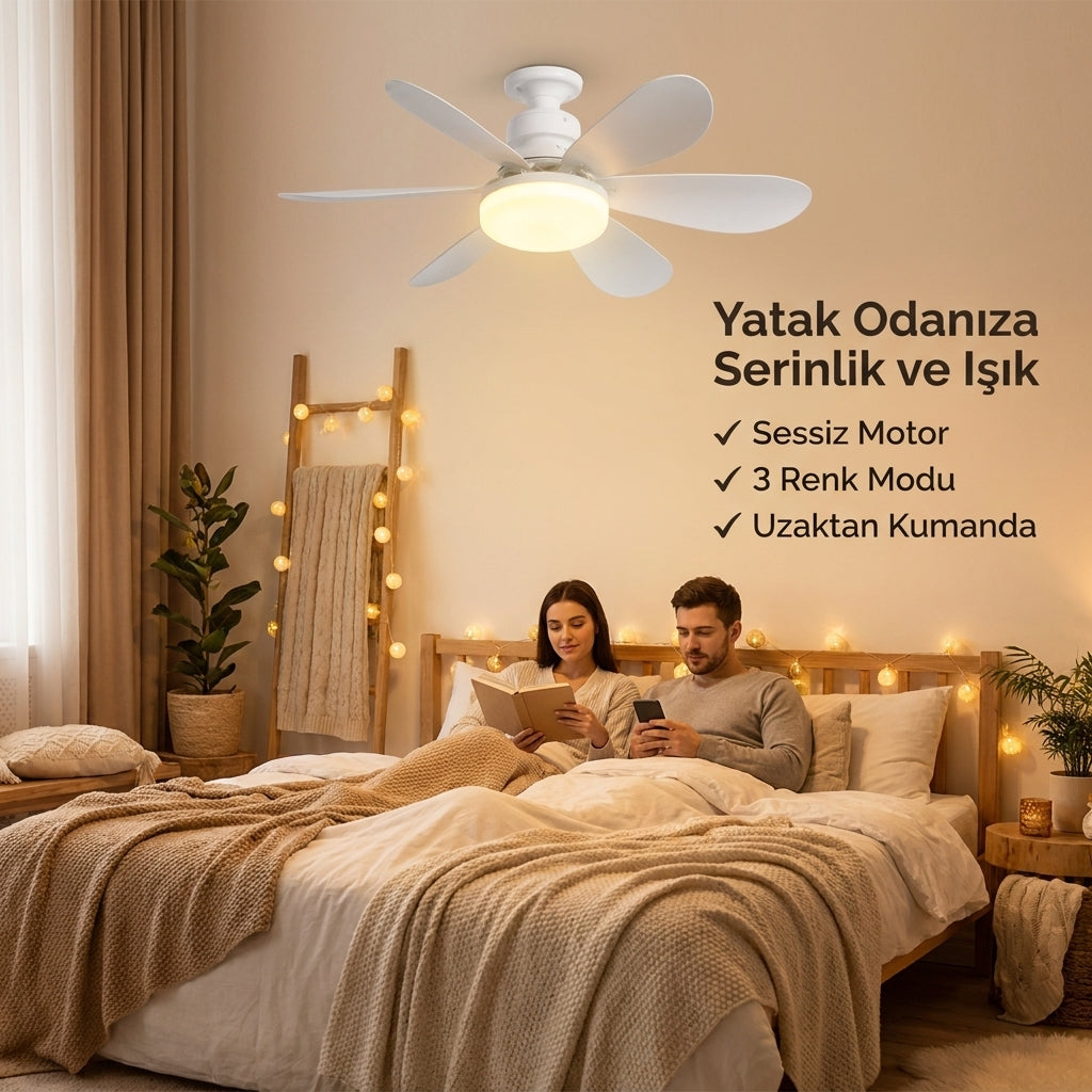 Sessiz 6 Kanatlı LED Işıklı Tavan Vantilatörü – Uzaktan Kumandalı, 3 Renk Modlu, Parlaklık Ayarlı