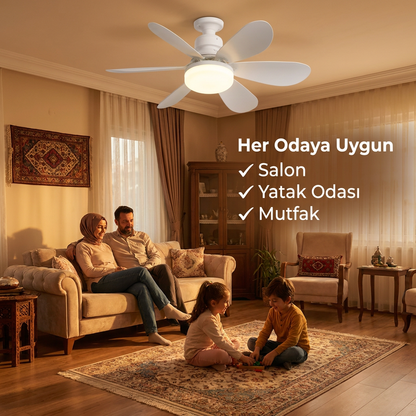 Sessiz 6 Kanatlı LED Işıklı Tavan Vantilatörü – Uzaktan Kumandalı, 3 Renk Modlu, Parlaklık Ayarlı