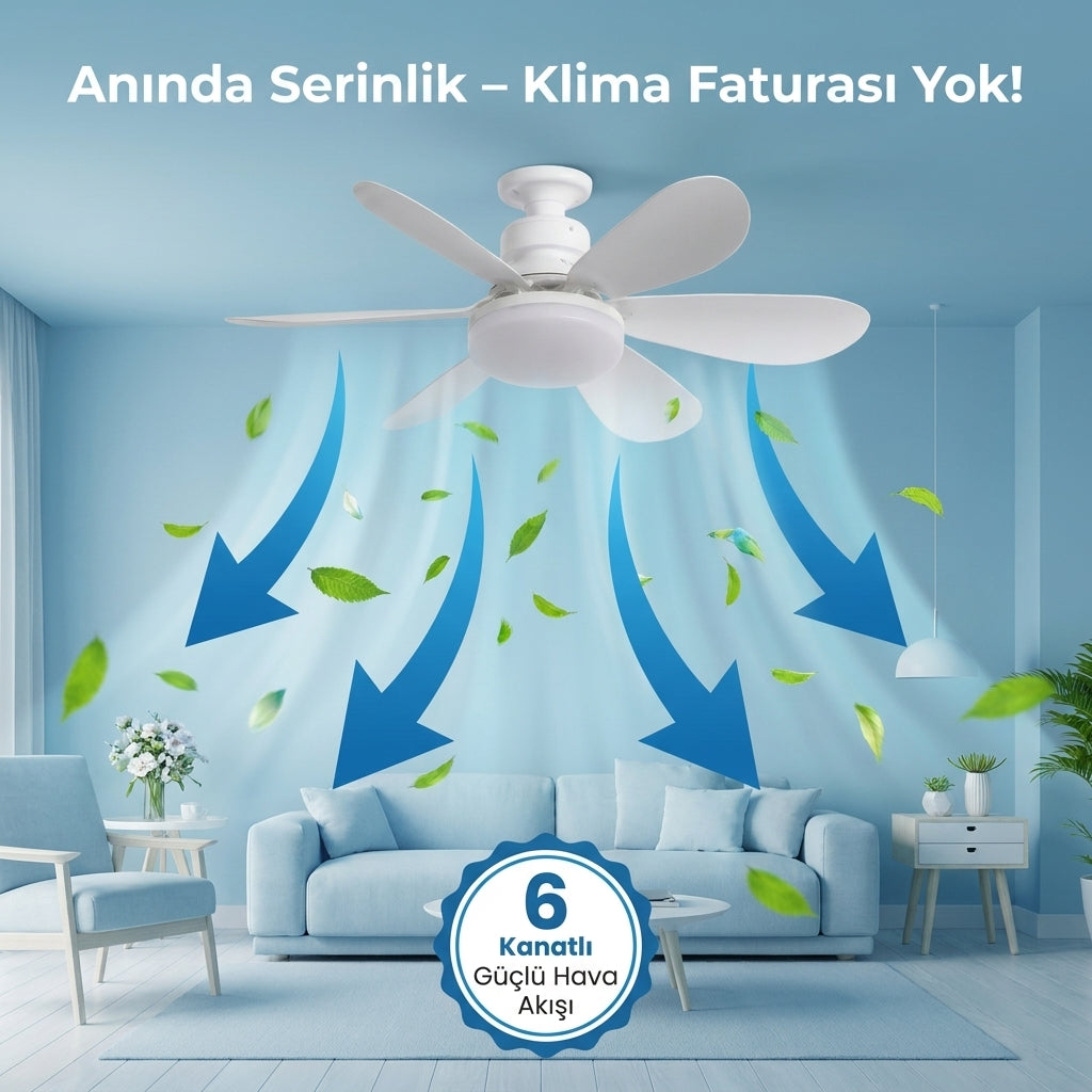 Sessiz 6 Kanatlı LED Işıklı Tavan Vantilatörü – Uzaktan Kumandalı, 3 Renk Modlu, Parlaklık Ayarlı